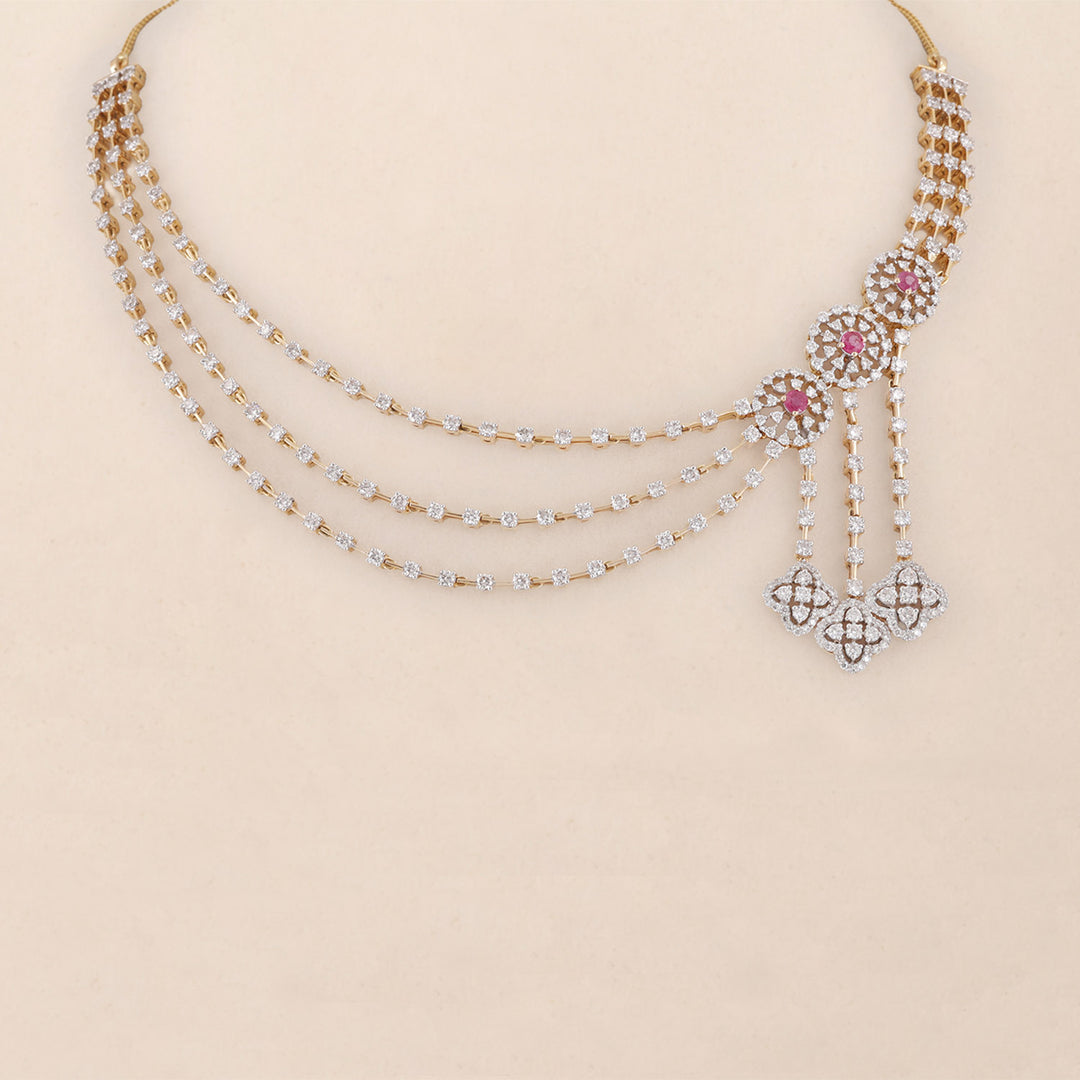 9K YG Princess Diamond, Ruby Necklace with 18K Chain-1pc