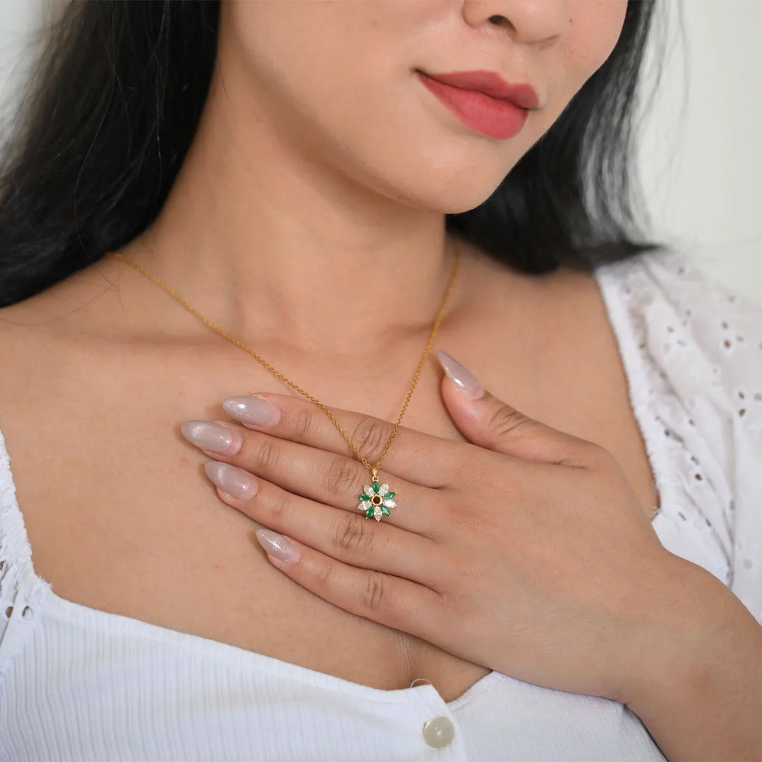 18K YG Emerald, Ruby Flower Diamond Pendant- 1pc