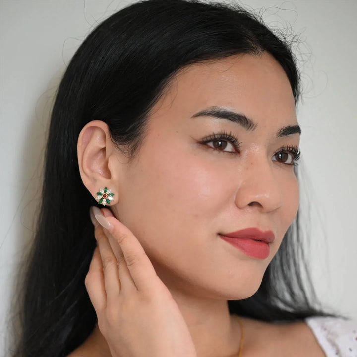 18K YG Emerald, Ruby Flower Diamond Earring -1pair