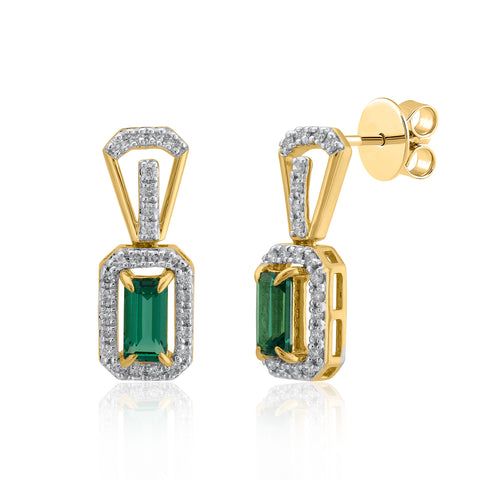 18K YG Women Cluster Diamond with Emerald Earring-1pair