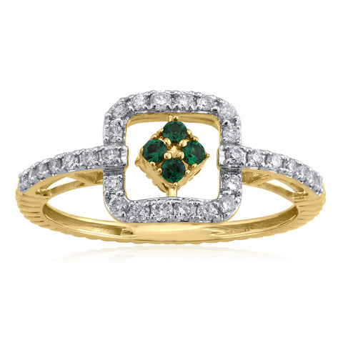 18K YG Cluster Diamond Synthetic Emerald Ring-1pc