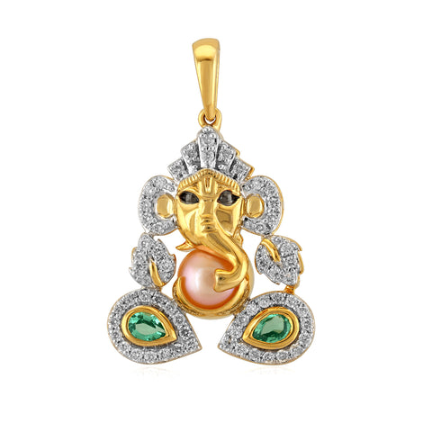 14K YG Created Emerald and Pearl Ganesh Diamond Pendant-1pc