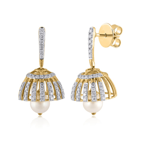 14K YG FW Pearl Pinjada Diamond Earring-1pair