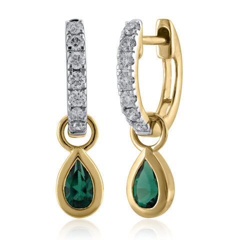 14K YG Created Emerald Huggie Diamond Earring-1pair