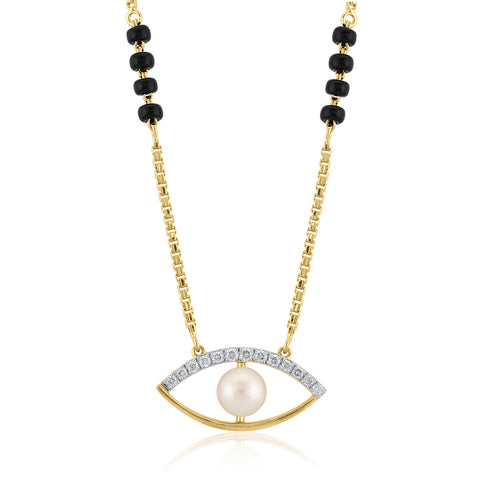 14K YG FW Pearl Black Beads Diamond Mangalsutra-1pc