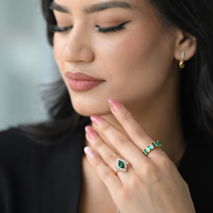 14K YG Created Emerald Diamond Ring-1pc