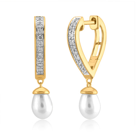 14K YG FW Pearl Huggie Diamond Earring-1pair