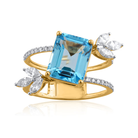 14K YG Semi Precious Swiss Blue Topaz Diamond Ring-1pc