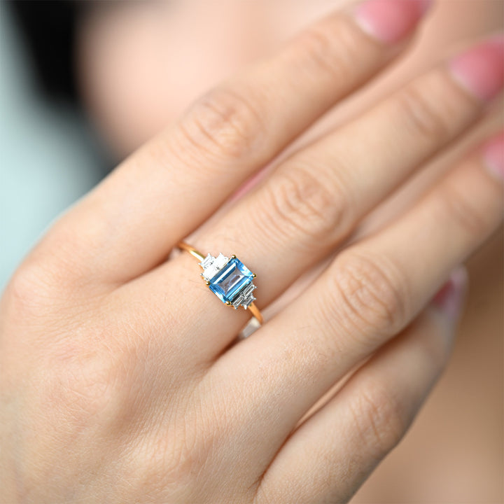 14K YG Semi Precious Swiss Blue Topaz Diamond Ring-1pc