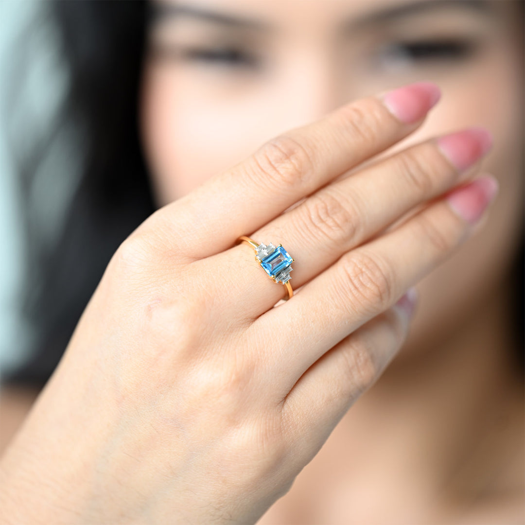 14K YG Semi Precious Swiss Blue Topaz Diamond Ring-1pc