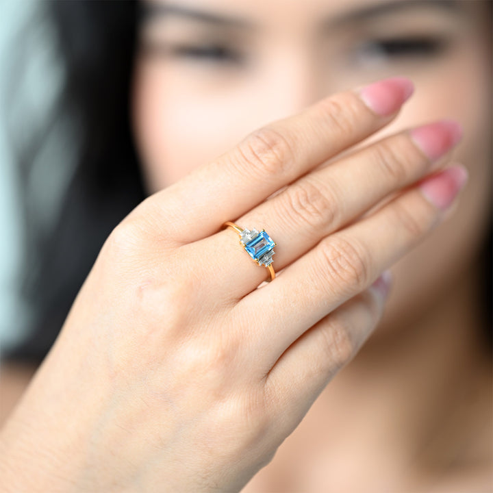 14K YG Semi Precious Swiss Blue Topaz Diamond Ring-1pc