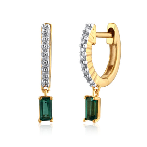 14K YG Created Emerald Huggie Diamond Earring-1pair