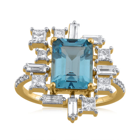 14K YG Semi Precious Swiss Blue Topaz Diamond Ring-1pc