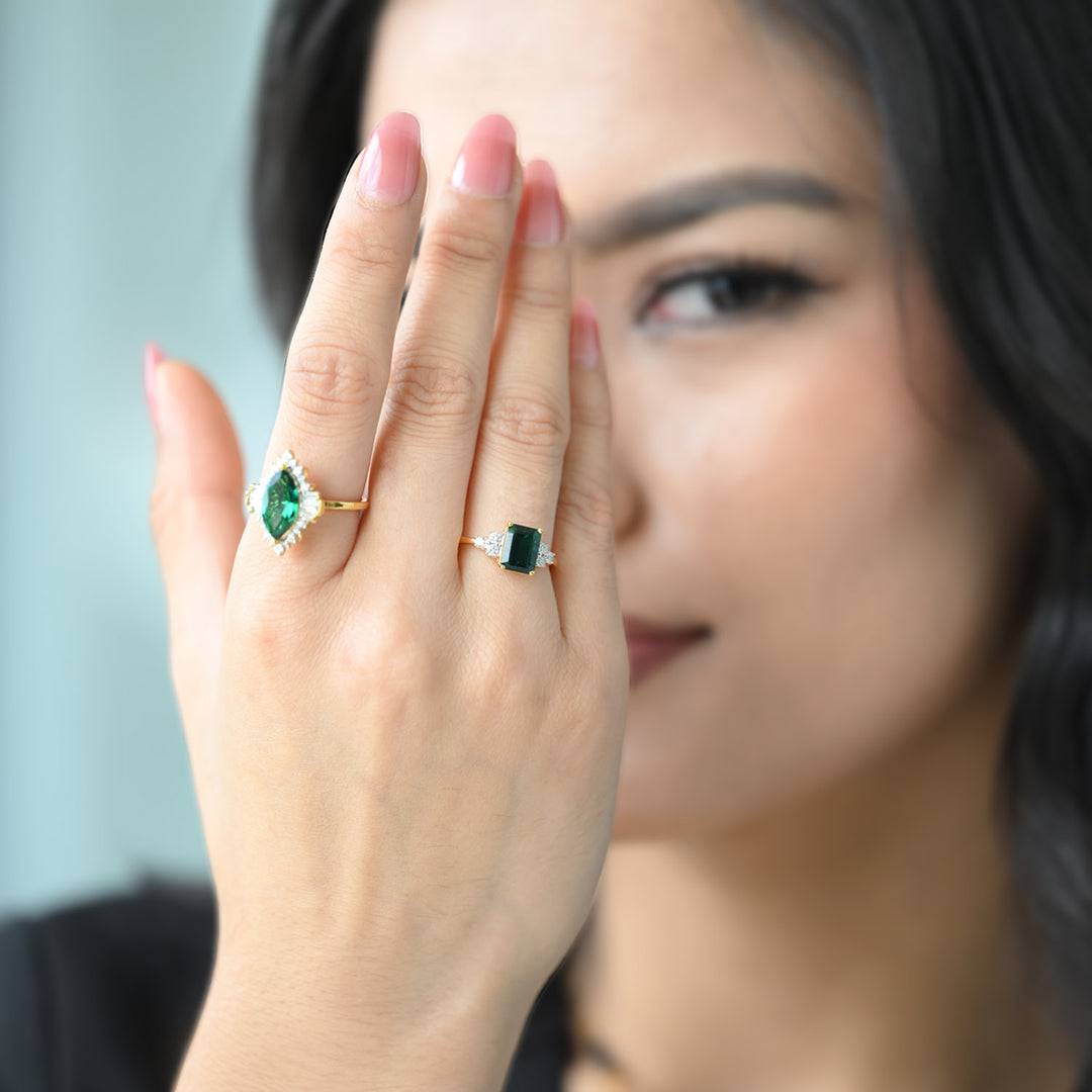 14K YG Created Emerald Diamond Ring-1pc