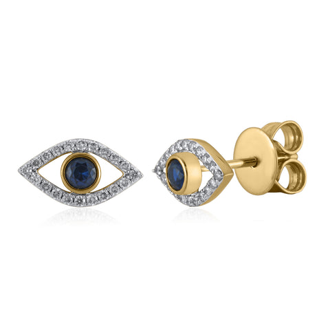 14K YG Created Blue Sapphire Diamond Earring-1pair