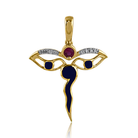 14K YG Swayambhu Eyes Created Ruby with Diamond Pendant-1pc