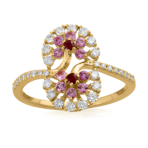 18K YG Fancy Diamond with Created Ruby and Pink Sapphire Ring-1pc