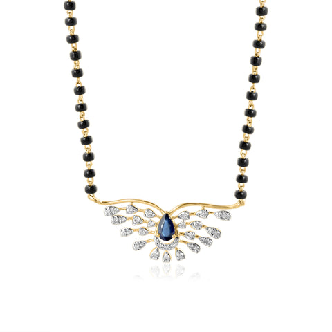 14K YG Fancy Diamond, Created Blue Sapphire Mangalsutra with 18K Chain-1pc