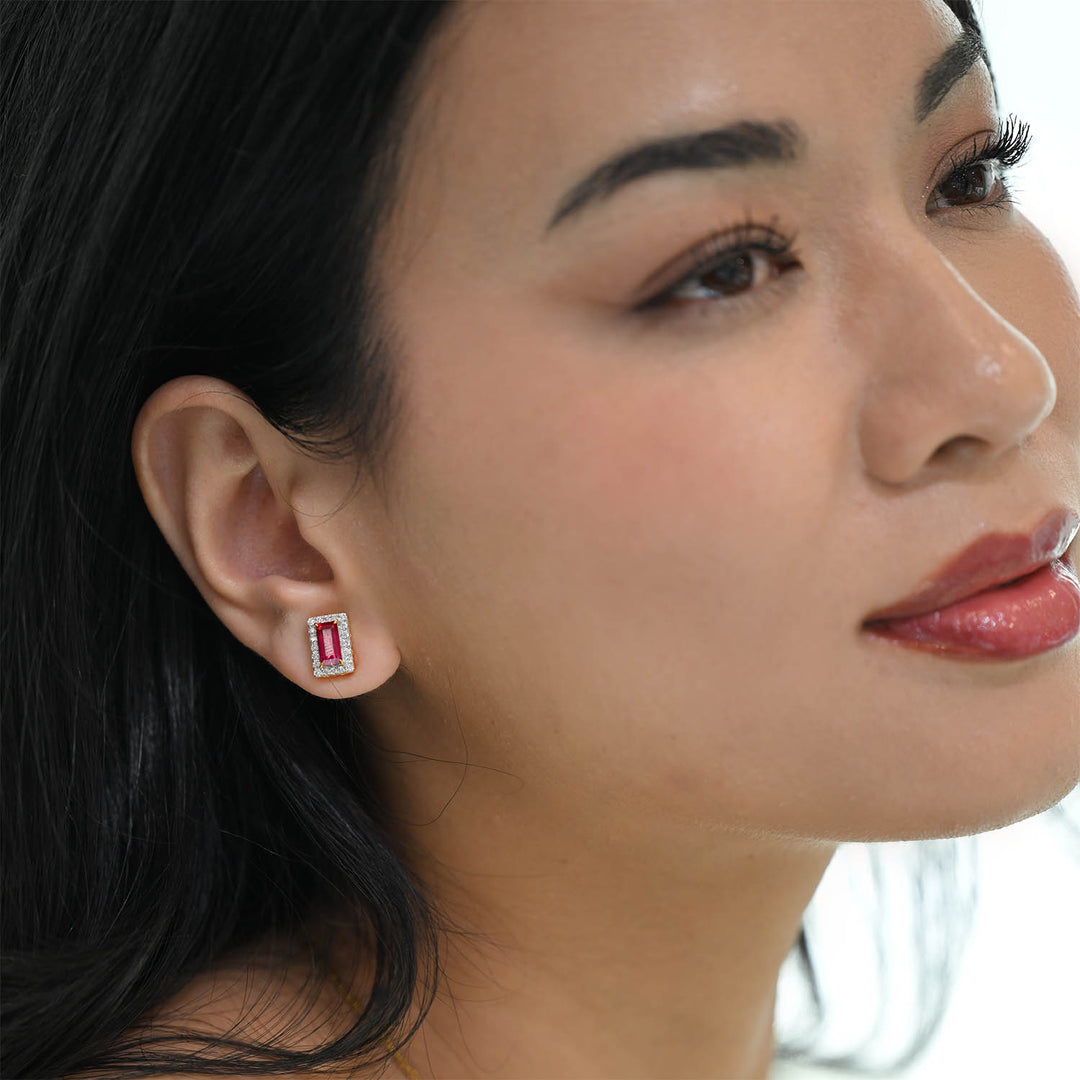 14K YG Cluster Diamond with Lab Created Ruby Earring- 1pair