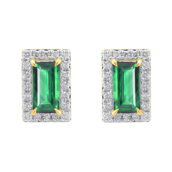 14K YG Cluster Diamond with Lab Created Emerald Earring- 1pair