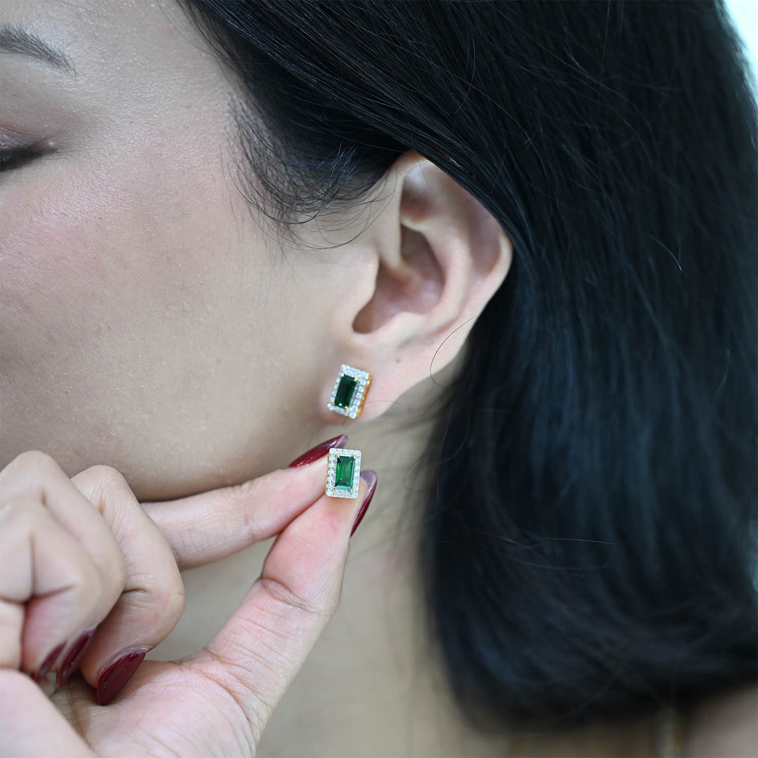 14K YG Cluster Diamond with Lab Created Emerald Earring- 1pair