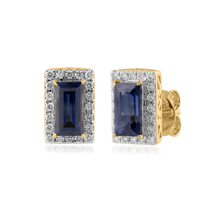 14K YG Cluster Diamond with Lab Created Sapphire Earring- 1pair