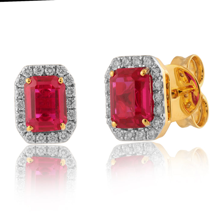 14K YG Cluster Diamond with Lab Created Ruby Earring- 1pair