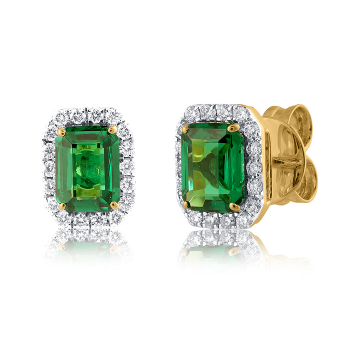 14K YG Cluster Diamond with Lab Created Emerald Earring- 1pair