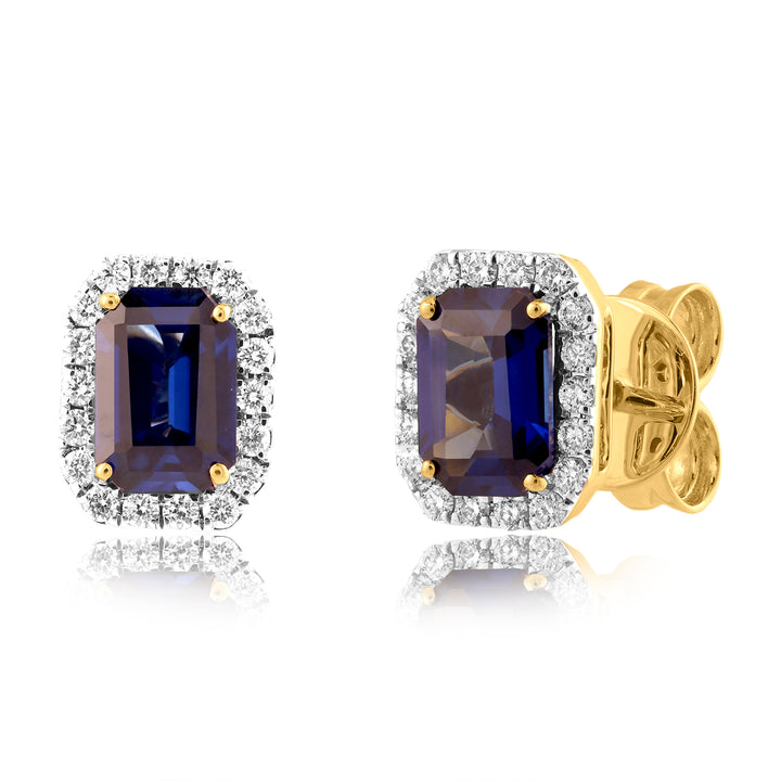 14K YG Cluster Diamond with Lab Created Sapphire Earring- 1pair