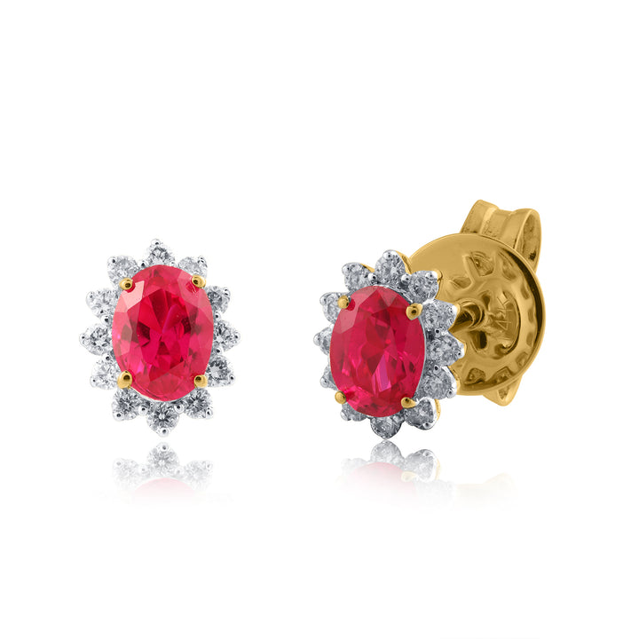 14K YG Cluster Diamond with Lab Created Ruby Earring- 1pair