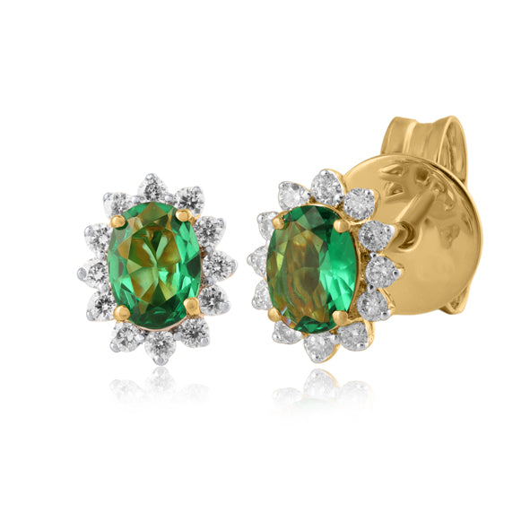 14K YG Cluster Diamond with Lab Created Emerald Earring- 1pair