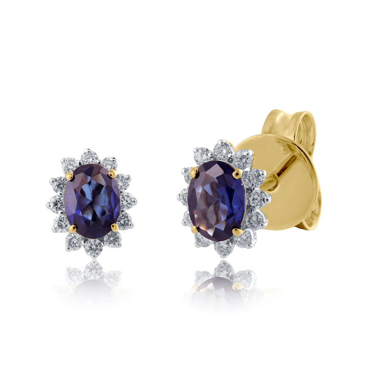 14K YG Cluster Diamond with Lab Created Sapphire Earring- 1pair
