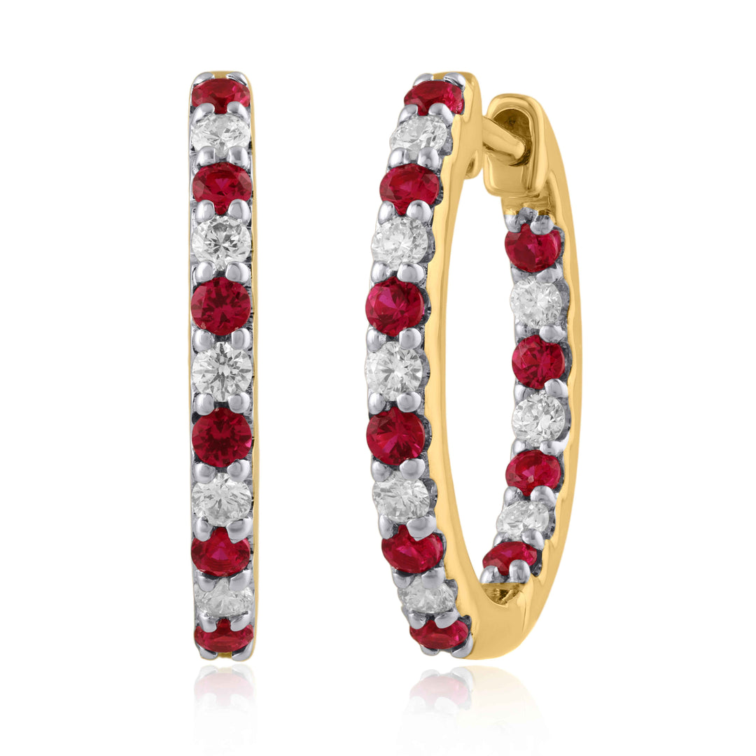 14K YG Huggie Diamond with Lab Created Ruby Earring-1pair