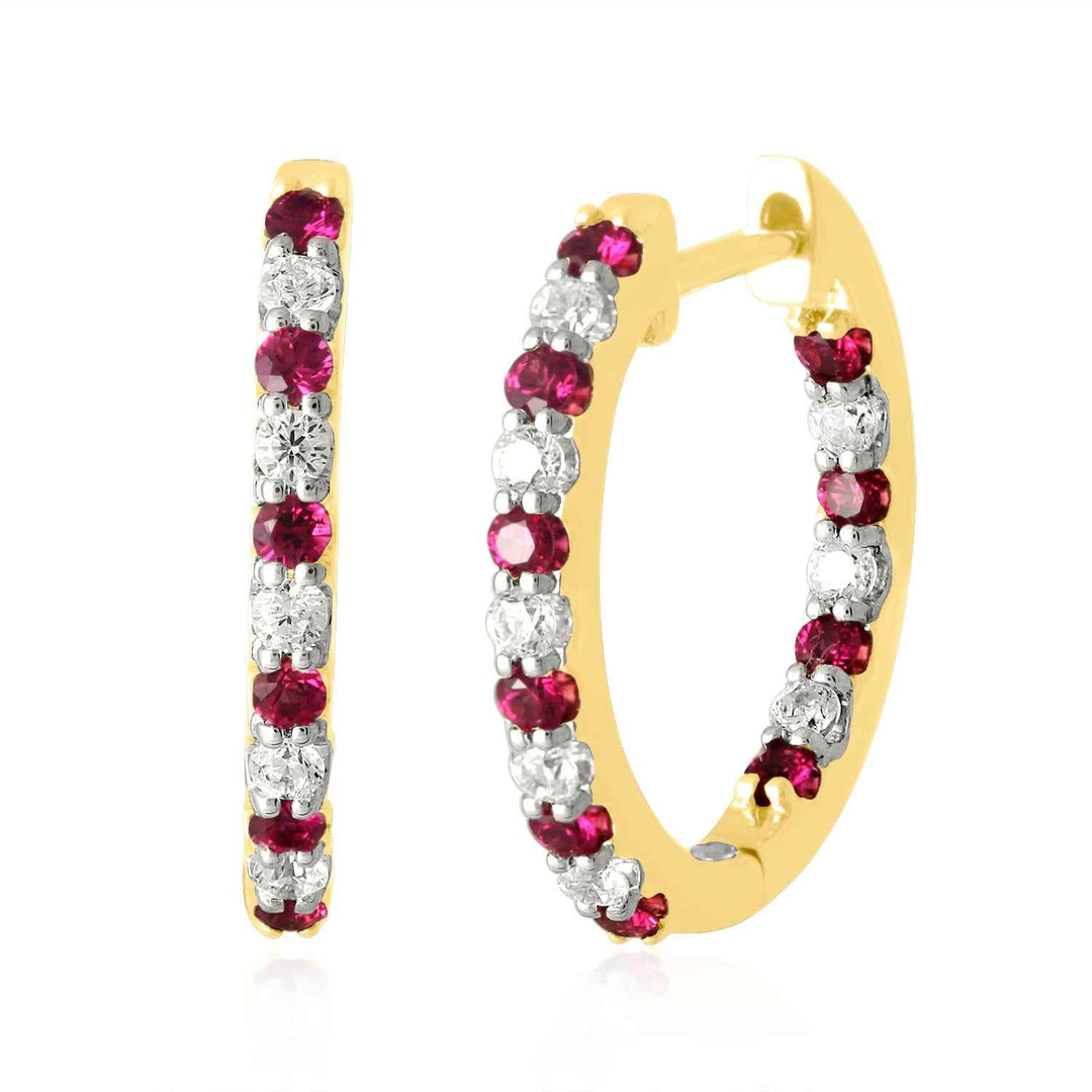 14K YG Huggie Diamond with Lab Created Ruby Earring-1pair