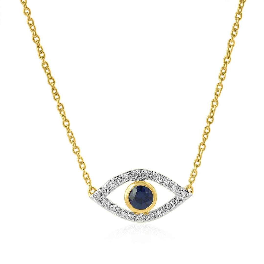 14K YG Evil Eye Diamond with Lab Created Sapphire Necklace-1pc