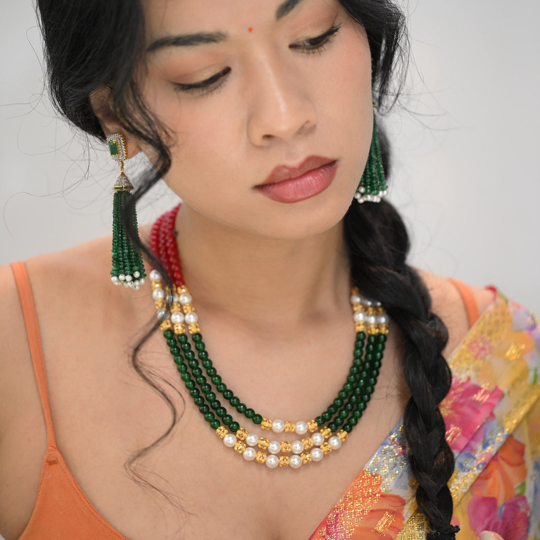 22K YG Pearl, Red, Green Mala Necklace-1pc