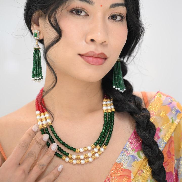 22K YG Pearl, Red, Green Mala Necklace-1pc