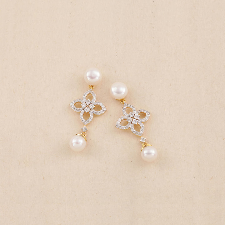 14K YG Cluster Diamond with Pearl Earring- 1pair