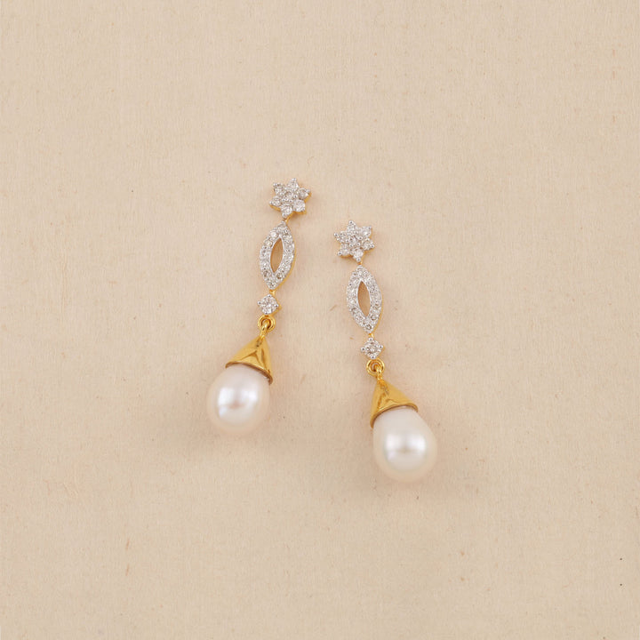 14K YG Long Diamond with Pearl Earring-1pair