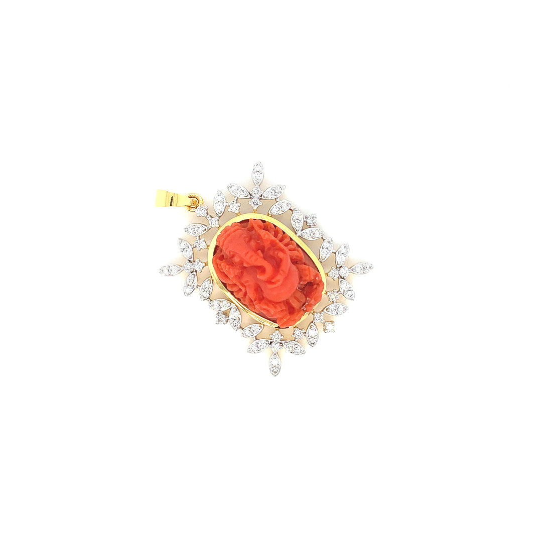 14K YG Cluster Diamond with Coral Pendant-1pc