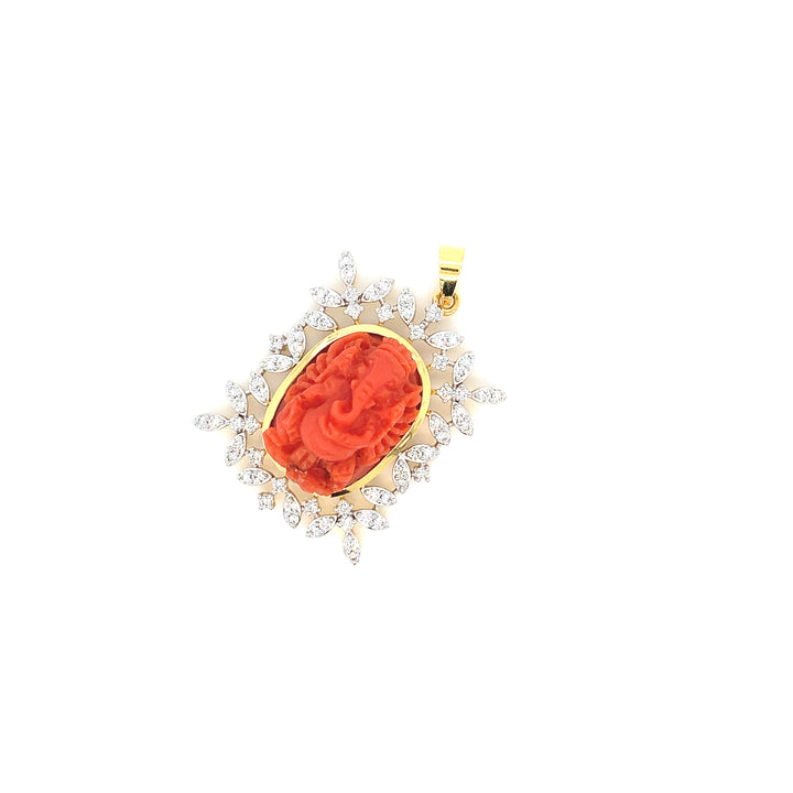 14K YG Cluster Diamond with Coral Pendant-1pc