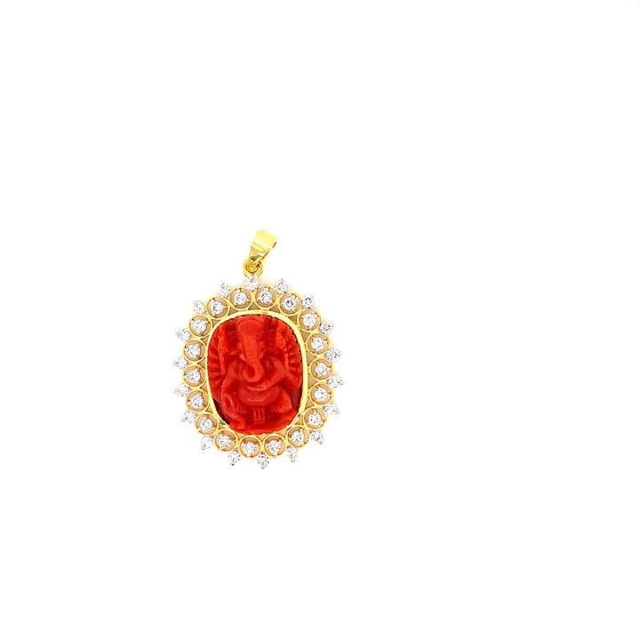 14K YG Cluster Diamond with Coral Pendant-1pc