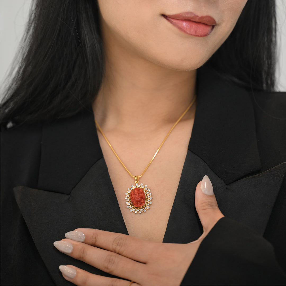 14K YG Cluster Diamond with Coral Pendant-1pc