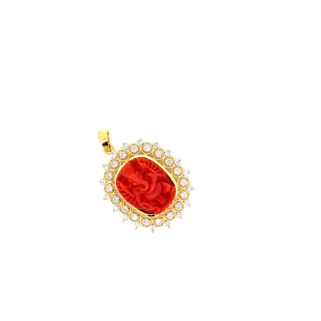 14K YG Cluster Diamond with Coral Pendant-1pc