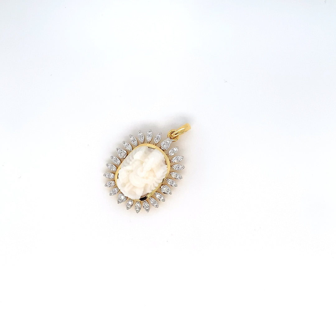 14K YG Cluster Diamond with Coral Pendant-1pc