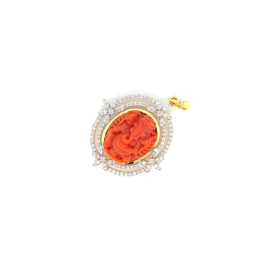 14K YG Cluster Diamond with Coral Pendant-1pc