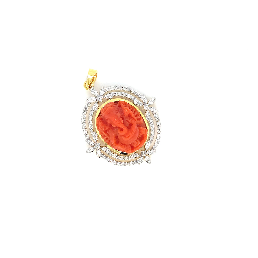 14K YG Cluster Diamond with Coral Pendant-1pc