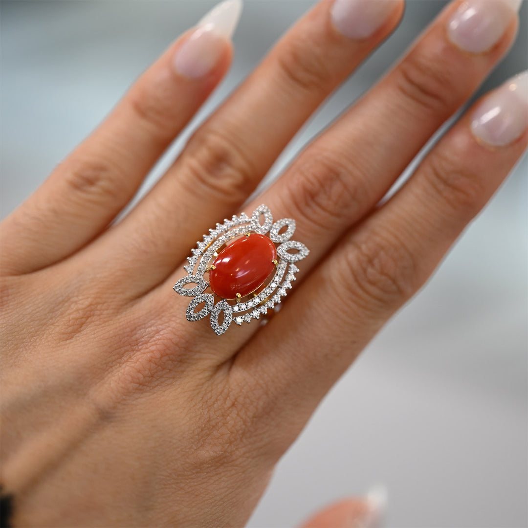 14K YG Cluster Diamond with Coral Ring- 1pc