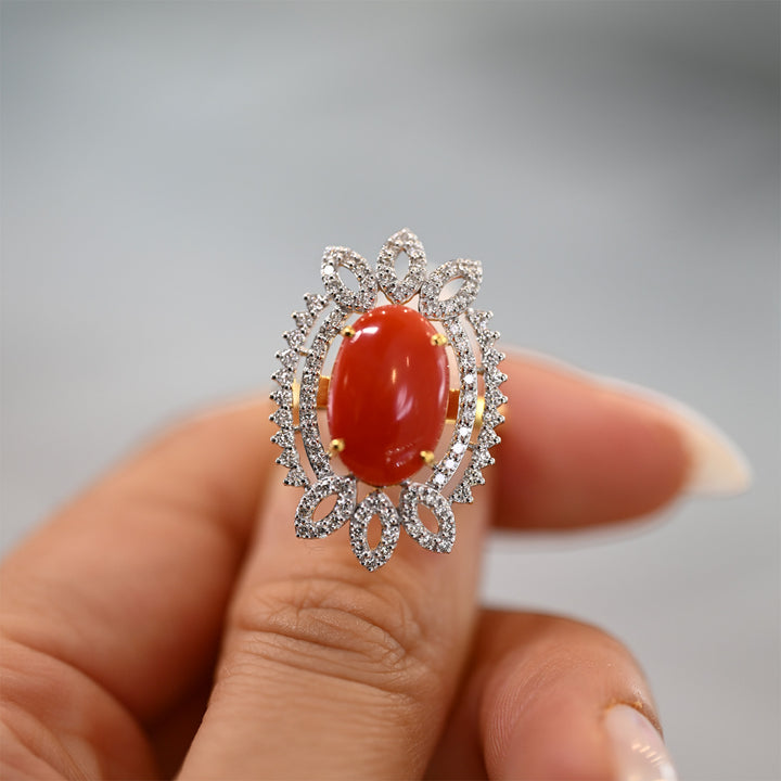 14K YG Cluster Diamond with Coral Ring- 1pc