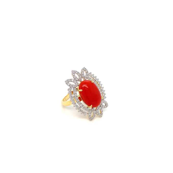 14K YG Cluster Diamond with Coral Ring- 1pc